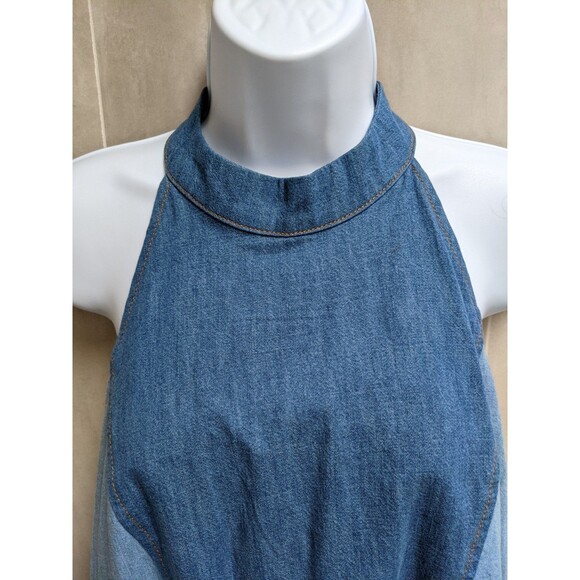 Free People Rising Sun Denim Mini Dress Halter 70s Open Back Hippie Festival Lrg - Picture 8 of 16